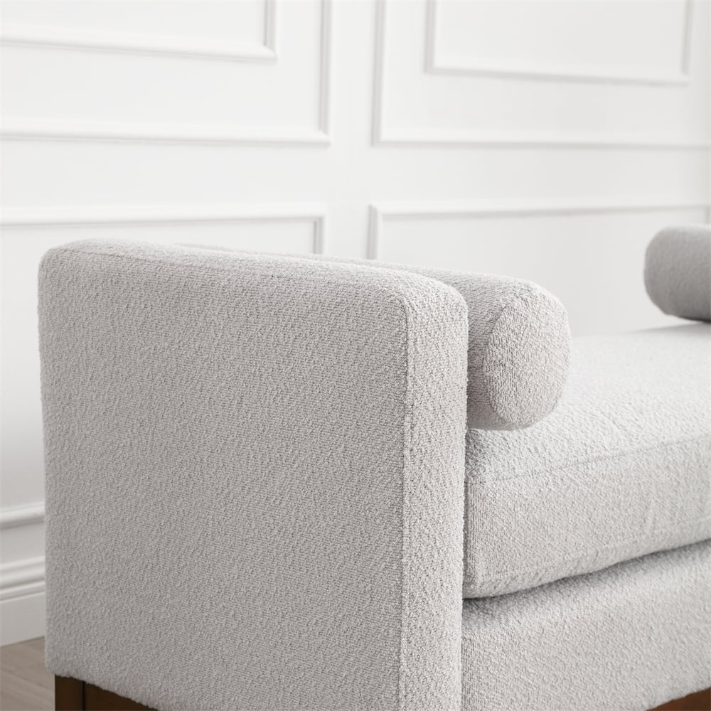 53.5"W Elegant Upholstered Bench with Wood Legs & Round Pillows,Comfy Boucle Fabric Footrest with Arms, Entryway Bench for End of Bed, Bedroom and Living Room, Ivory