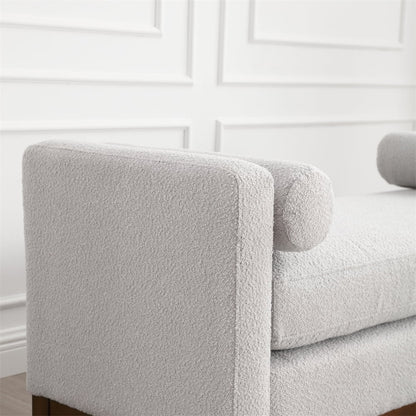 53.5"W Elegant Upholstered Bench with Wood Legs & Round Pillows,Comfy Boucle Fabric Footrest with Arms, Entryway Bench for End of Bed, Bedroom and Living Room, Ivory