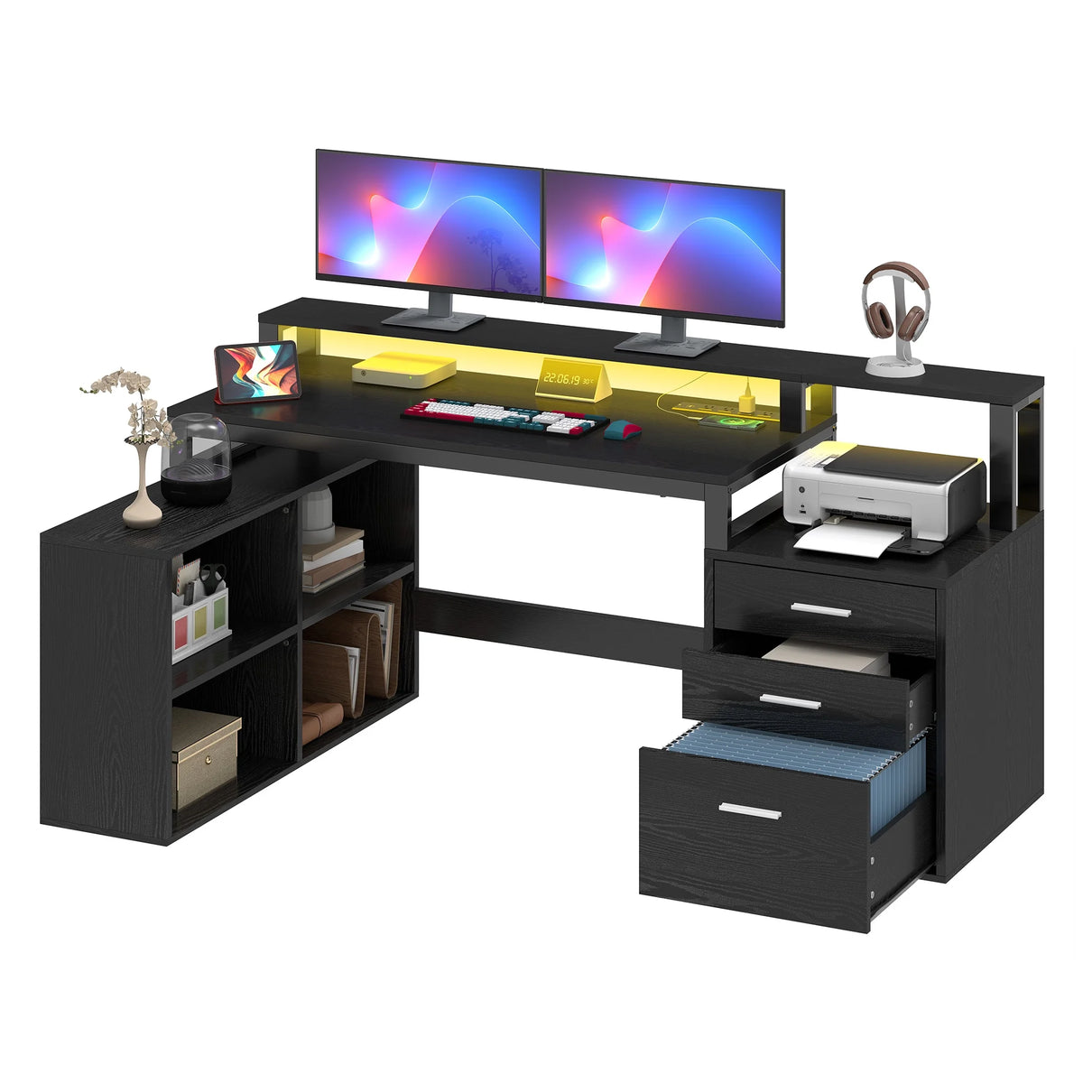 Dextrus 65" L Shaped Desk with Power Outlets and Monitor Stand , Computer Desk with LED Light &File Cabinet, Corner Desk with 3 Drawers & 4 Open Storage Shelves, Modern Home Office Desk, White
