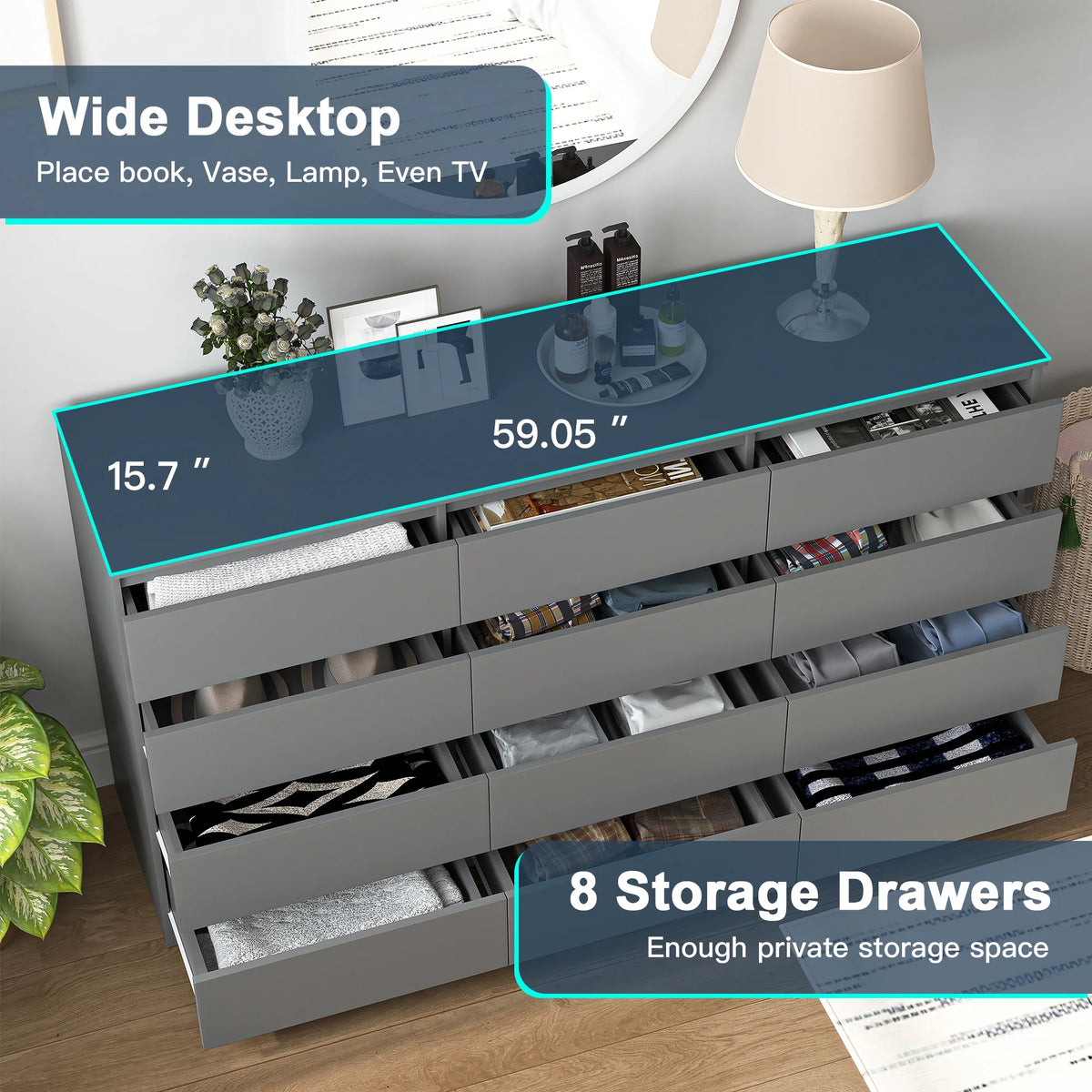 Resenkos Modern Mid Century 6 Drawer Wide Dressers Chests for Bedroom, Chest of Drawer Organizer Grey
