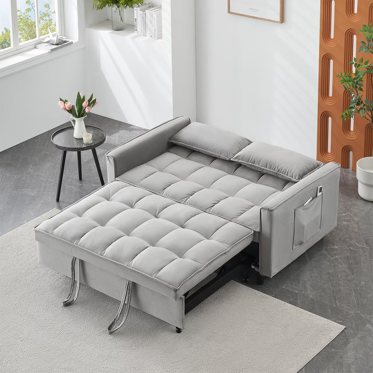 Adjustable Back Velvet Futon Sofa Bed, Modern Convertible Couples Sleeper with Side Pockets, Fold Down Couch for Living Room, Apartment,Blue