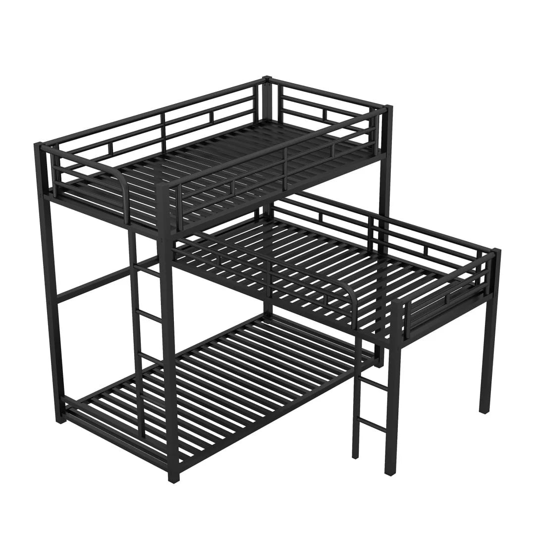 L Shaped Triple Bunk Bed for 3, Metal Triple Twin Size Bunk Beds Frame with Integrated ladder and Full-length Guardrails, Corner Triple Bunk Beds for Kids,Teens and Adults, Black