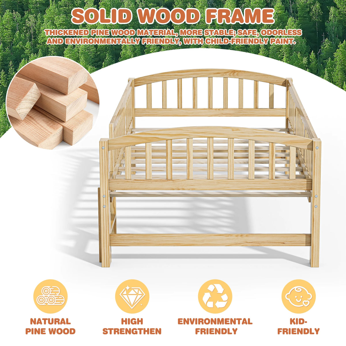 SESSLIFE Twin Size Platform Bed, Solid Wood Twin Bed Frame with Slats, Fence Guardrail Ladder, Twin Floor Bed with Strong Legs for Boys Girls, No Box Spring Needed, Holds 400 lbs, White