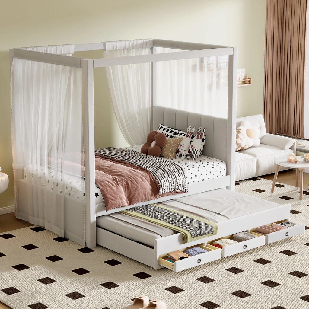 Harper & Bright Designs Twin Size Upholstery Canopy Platform Bed with Trundle and 3 Storage Drawers, Captain Platform Bed Frame with 4-Poster Canopy Roof, Beige