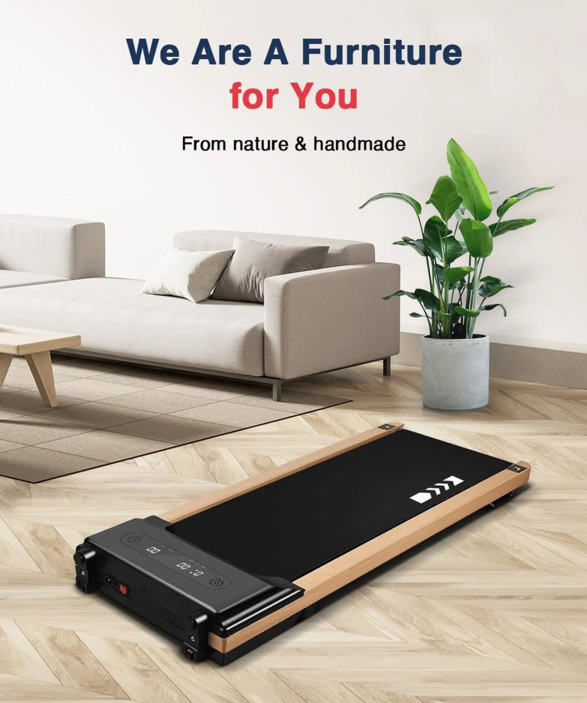 Ecotronic Indoor Electric Walking Pad with Natural Wood Finish, 2.25HP Motor, LED Display, Remote Control, and Incline