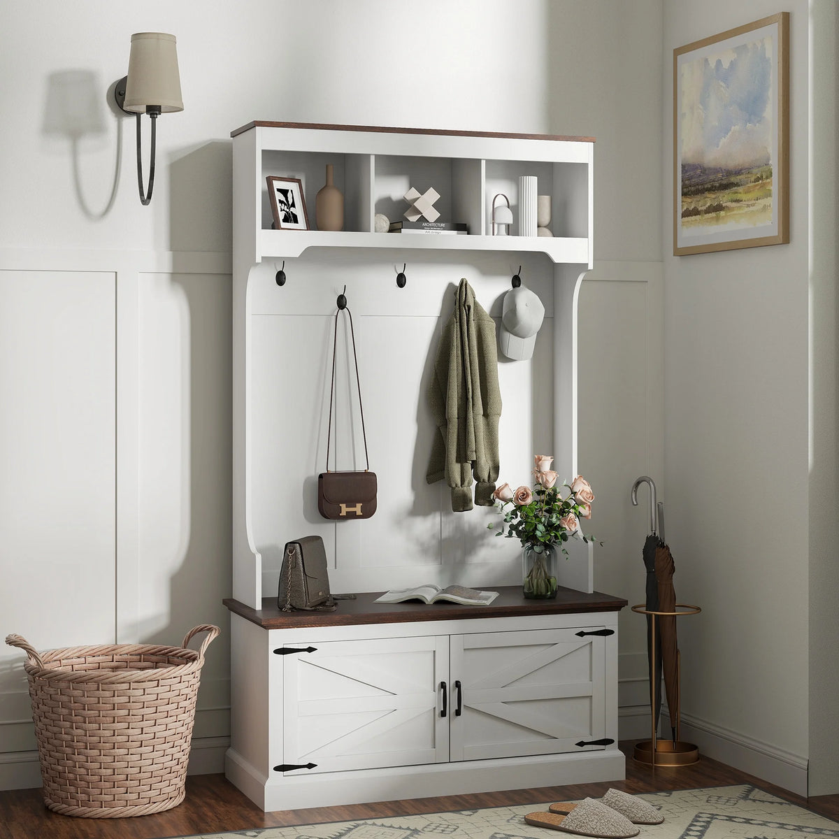 HOMCOM Hall Tree with Shoe Storage, Coat Rack with Shoe Bench, White