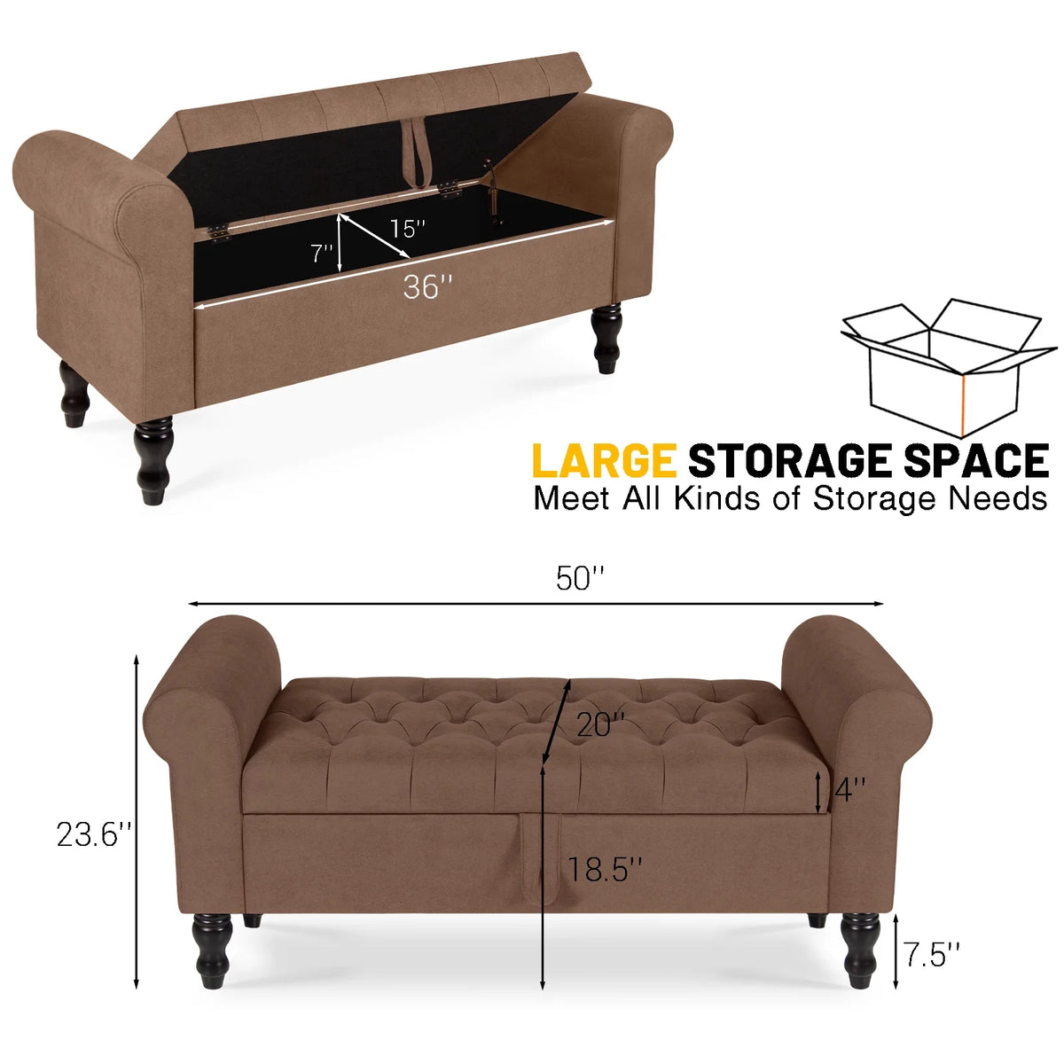 Storage Bench with Upholstered Rolled Arm Ottoman Bench Couch w/ Solid Wood Legs for Bedroom End of Bed,and Living room,Gray