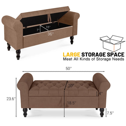 Storage Bench with Upholstered Rolled Arm Ottoman Bench Couch w/ Solid Wood Legs for Bedroom End of Bed,and Living room,Gray