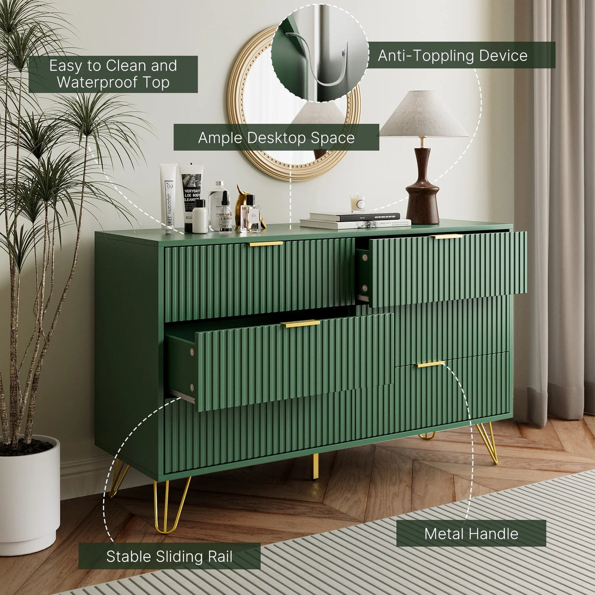 FURNIWAY White 6 Drawer Dresser for Bedroom, Modern Dresser with Gold Metal Handles,Fluted Wood TV Stand for Living Room, Hallway