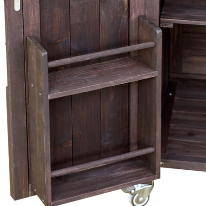 Bellemave Outdoor Serving Cart Kitchen Island Solid Wood Mobile Rolling Bar Cart with Lockable Wheels, Rack and Stainless Steel Top Beverage Storage Counter Table with Cabinet for Patio, Natural