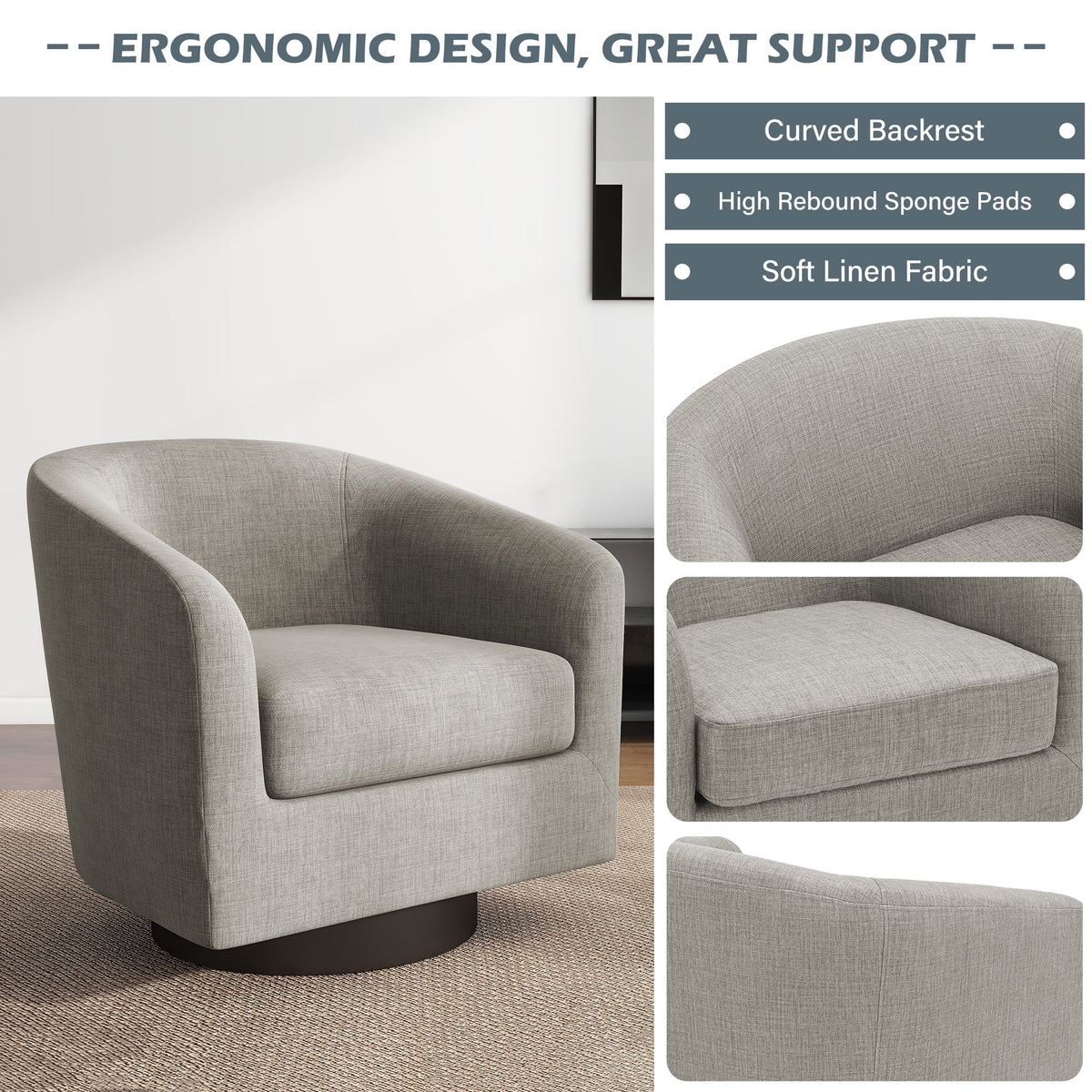 UIXE Swivel Accent Chair, Upholstered Fabric Barrel Chair for Living Room, Small Single Sofa Bedroom Reading Seat, Light Gray