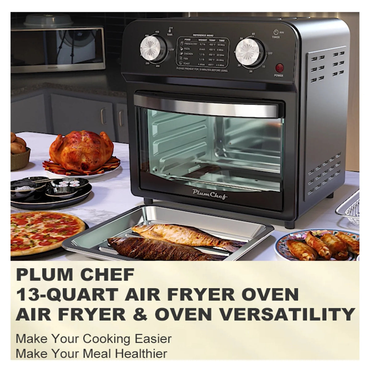 12.5 Quart 7-in-1 Convection Toaster Oven, 1500W, 5 Pre-set Menus, Roast, Bake, Grill, Broil, Toast, Dehydrate, Defrost, Stainless Steel, Black