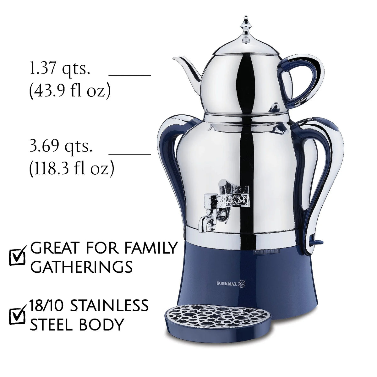 Korkmaz Hanedan Premium Silver 18/10 Cr-Ni Stainless Steel Dishwasher Safe Electric Tea Maker