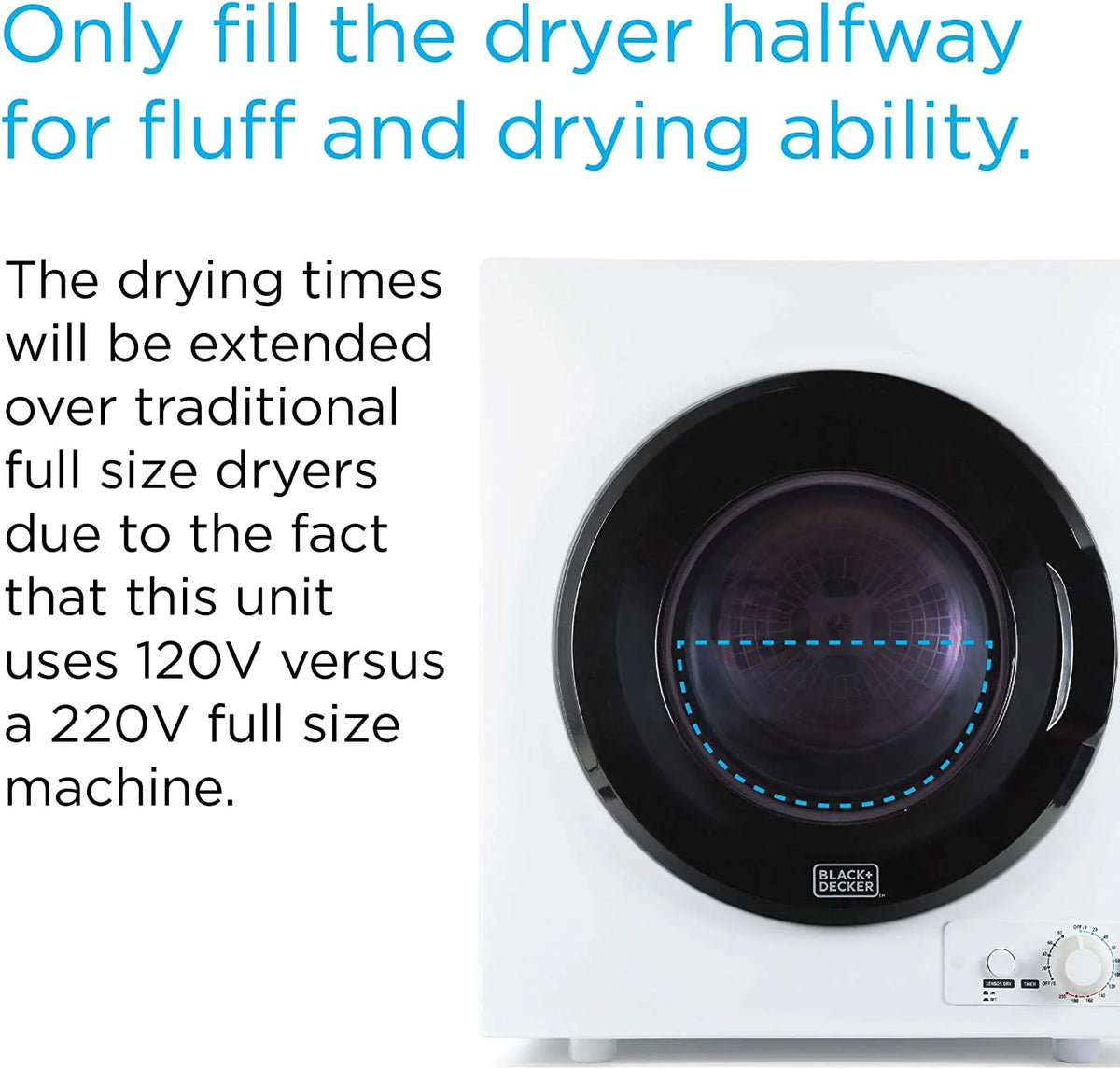BLACK+DECKER BCED37 Compact Dryer for Standard Wall Outlet, Small, 4 Modes, Load Volume 13.2 lbs., White