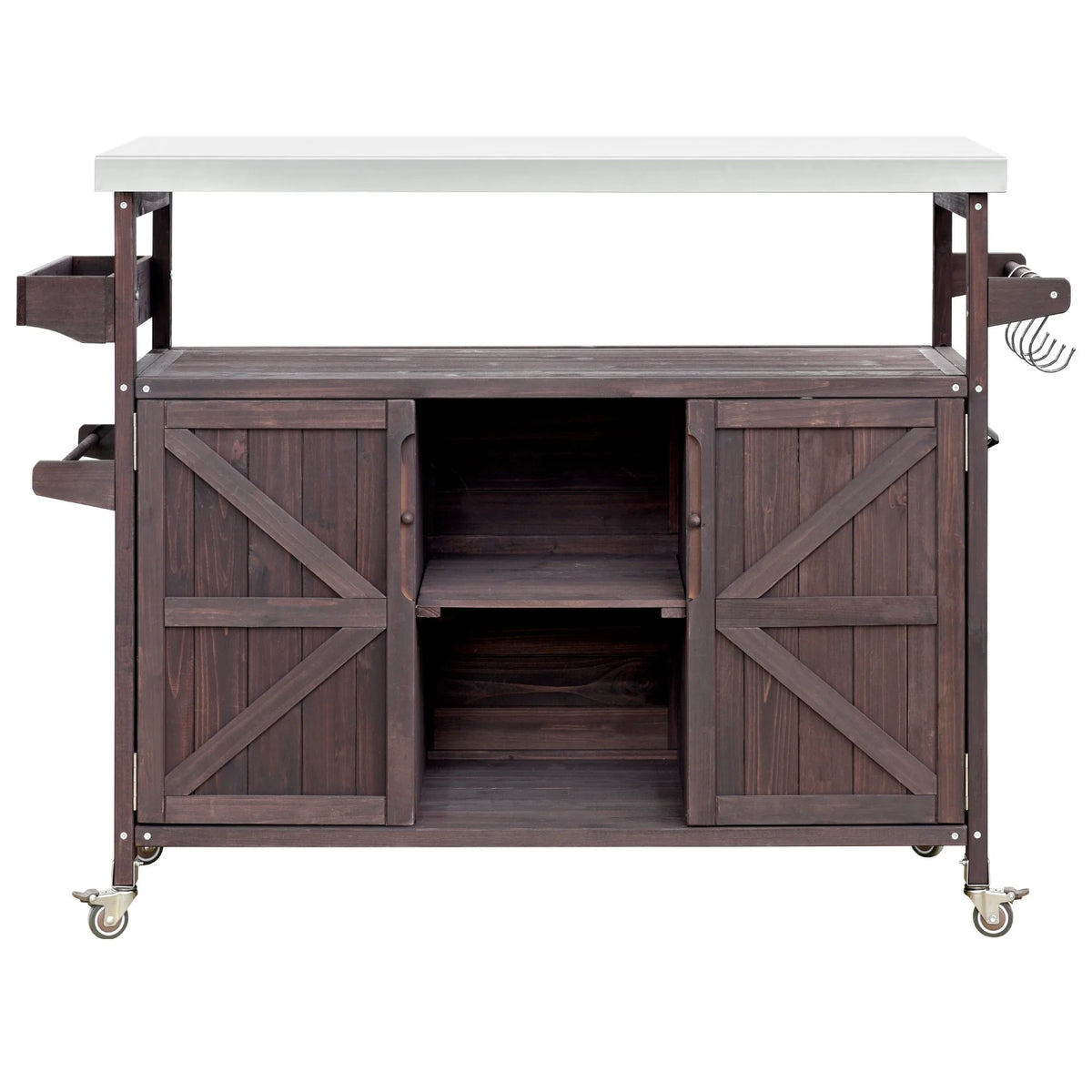 Bellemave Outdoor Serving Cart Kitchen Island Solid Wood Mobile Rolling Bar Cart with Lockable Wheels, Rack and Stainless Steel Top Beverage Storage Counter Table with Cabinet for Patio, Natural