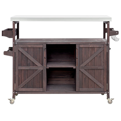 Bellemave Outdoor Serving Cart Kitchen Island Solid Wood Mobile Rolling Bar Cart with Lockable Wheels, Rack and Stainless Steel Top Beverage Storage Counter Table with Cabinet for Patio, Natural