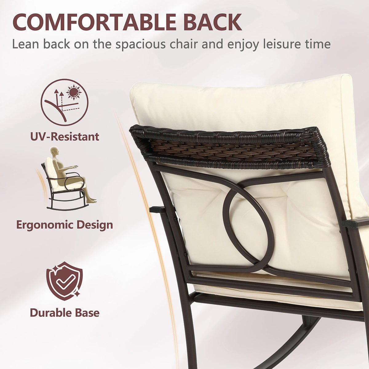 Outdoor Conversation Set of 3, Outdoor Patio Rocking Chair Set with Cushions & Coffee Table, All Weather Wicker Patio Furniture Set, Ideal for Patio, Poolside, Yard, Deck, Coffee Bar