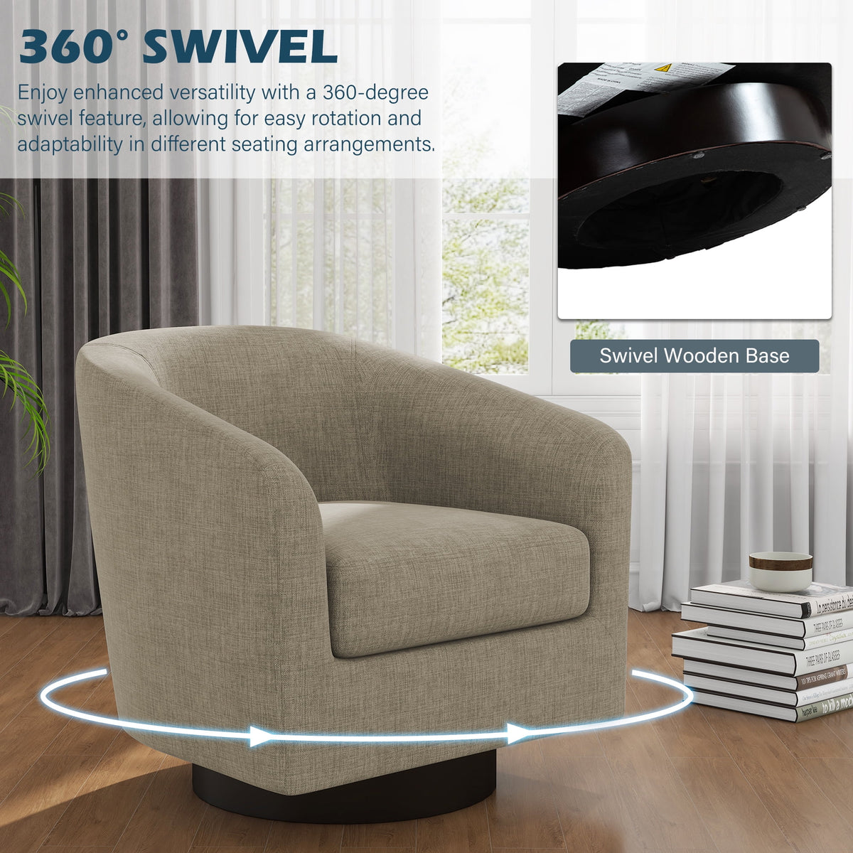 UIXE Swivel Accent Chair, Upholstered Fabric Barrel Chair for Living Room, Small Single Sofa Bedroom Reading Seat, Light Gray