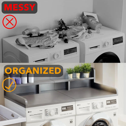 Wood 2-Tier Washer Dryer Countertop with Edge Rails, 54" W x 27.5" D Washer and Dryer Topper for Laundry Room Organization and Storage, Walnut