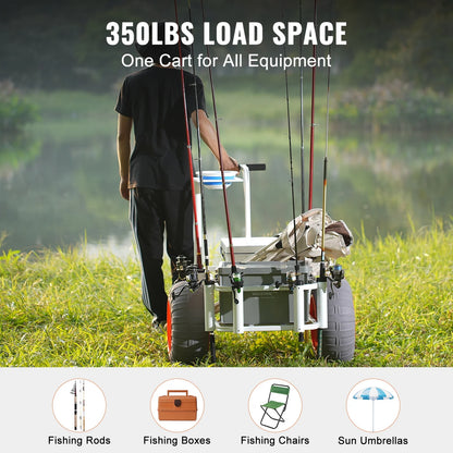 KFFKFF Sand Fishing Trolley, 350 lbs Capacity, Marine and Fish Cart with Dual 16" PU Balloon Wheels, Sturdy Aluminum Construction, 8 Rod Holders, Ideal for Fishing and Picnics