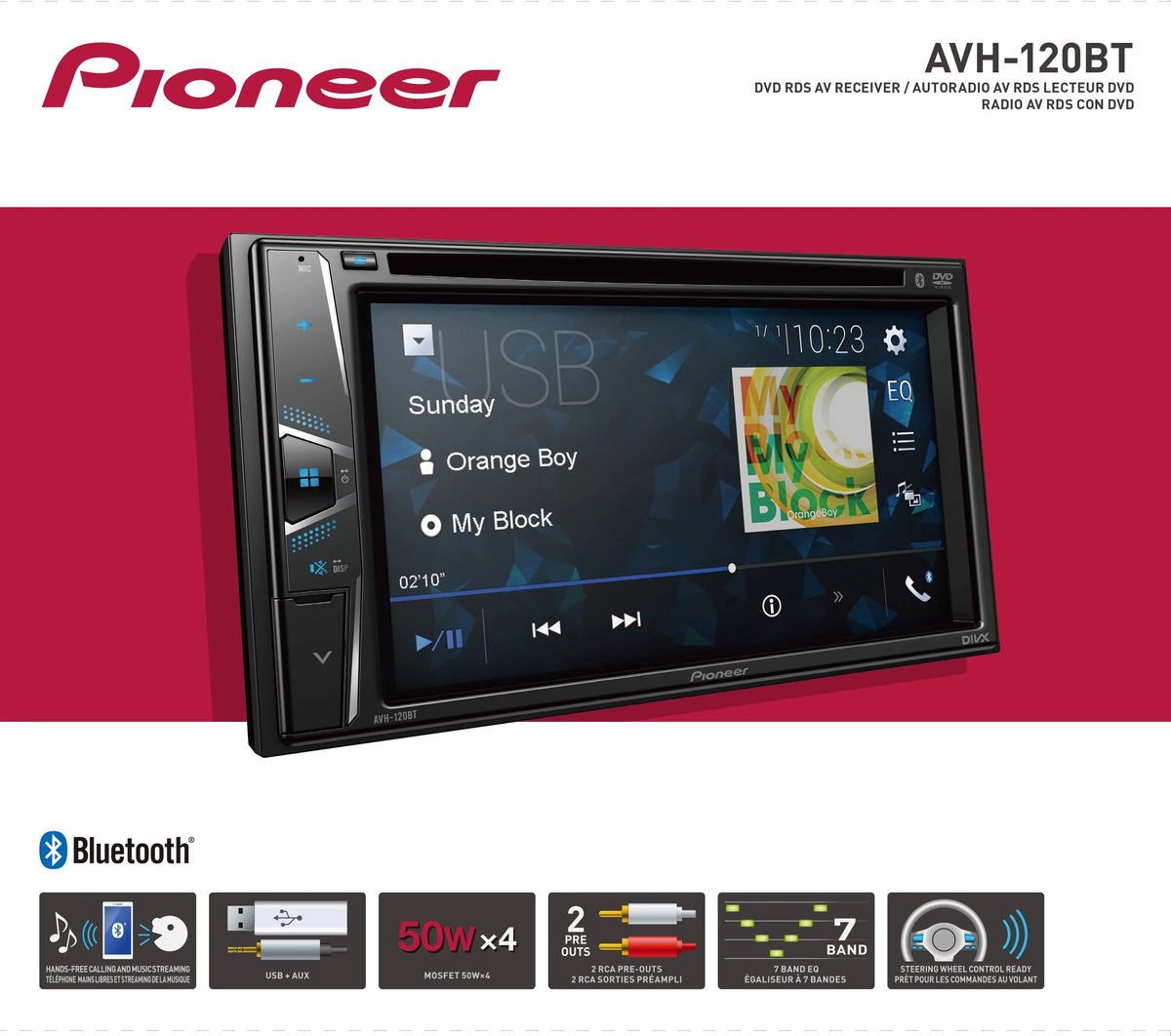 Pioneer AVH-120BT Multimedia Receiver with 6.2 Inch WVGA Touchscreen Display and Built-in Bluetooth for Hands-free Calling and Audio Playback | Double DIN | DVD / MP3 / CD Player
