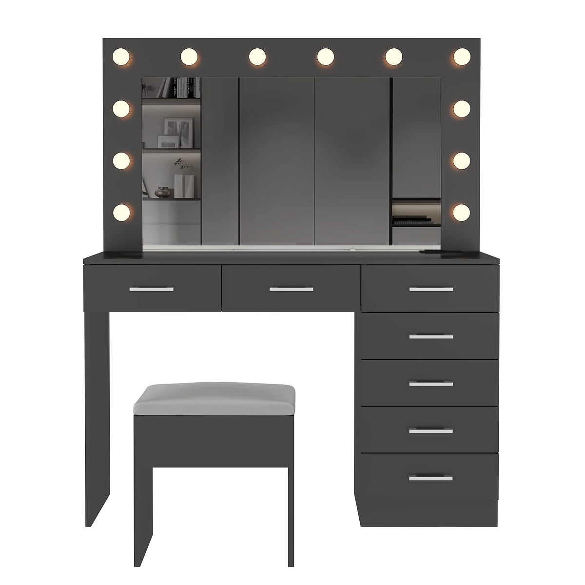 Ktaxon Large Makeup Vanity, Vanity Table Set w/ Visible Glass Top w/ Charging Station, White