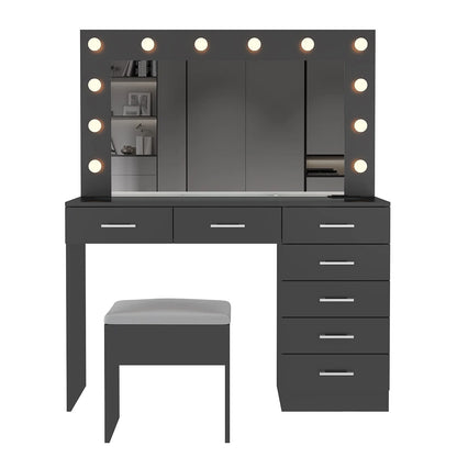 Ktaxon Large Makeup Vanity, Vanity Table Set w/ Visible Glass Top w/ Charging Station, White