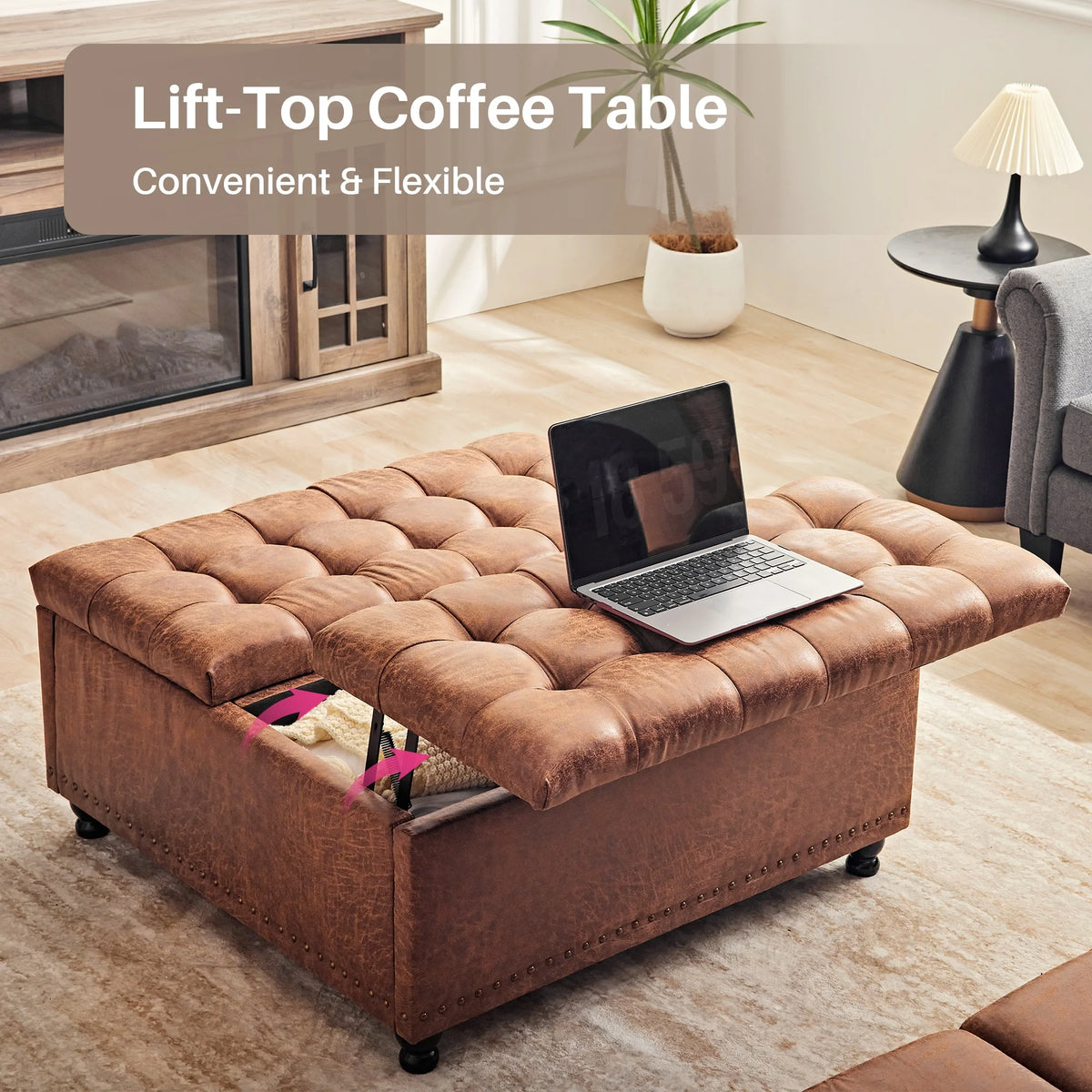 Redlife 35 Inch Large Square Storage Ottoman Bench, Storage Ottoman Coffee Table Large Square Ottoman with Storage Lift Top Tufted Storage Ottoman for Living Room (Brown Leathaire)