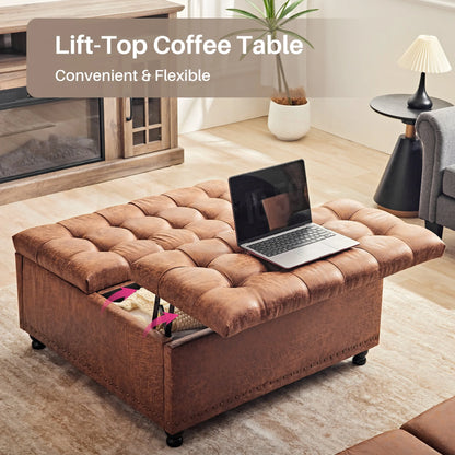 Redlife 35 Inch Large Square Storage Ottoman Bench, Storage Ottoman Coffee Table Large Square Ottoman with Storage Lift Top Tufted Storage Ottoman for Living Room (Brown Leathaire)