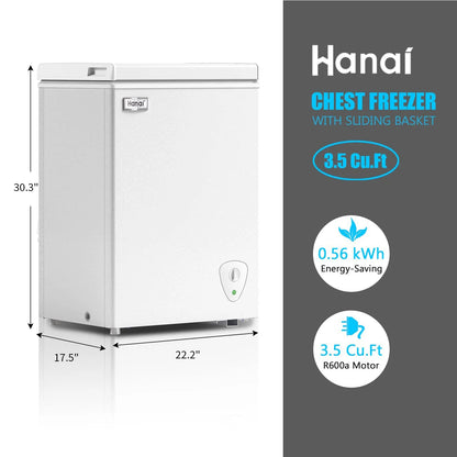 3.5 Cubic Chest Freezer, Compact Deep Freezer with Top Open Door and Removable Storage Basket, 7 Gears Temperature Control, Energy Saving, for Office Dorm or Apartment