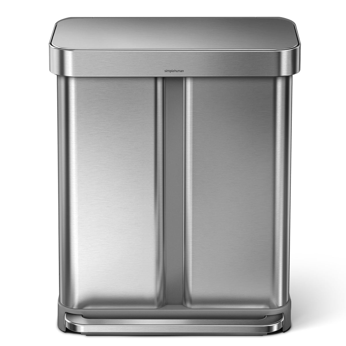 simplehuman 58 Liter / 15.3 Gallon Rectangular Dual Compartment Recycling Step, Brushed Stainless Steel with Soft-Close Plastic Lid Kitchen Trash Can