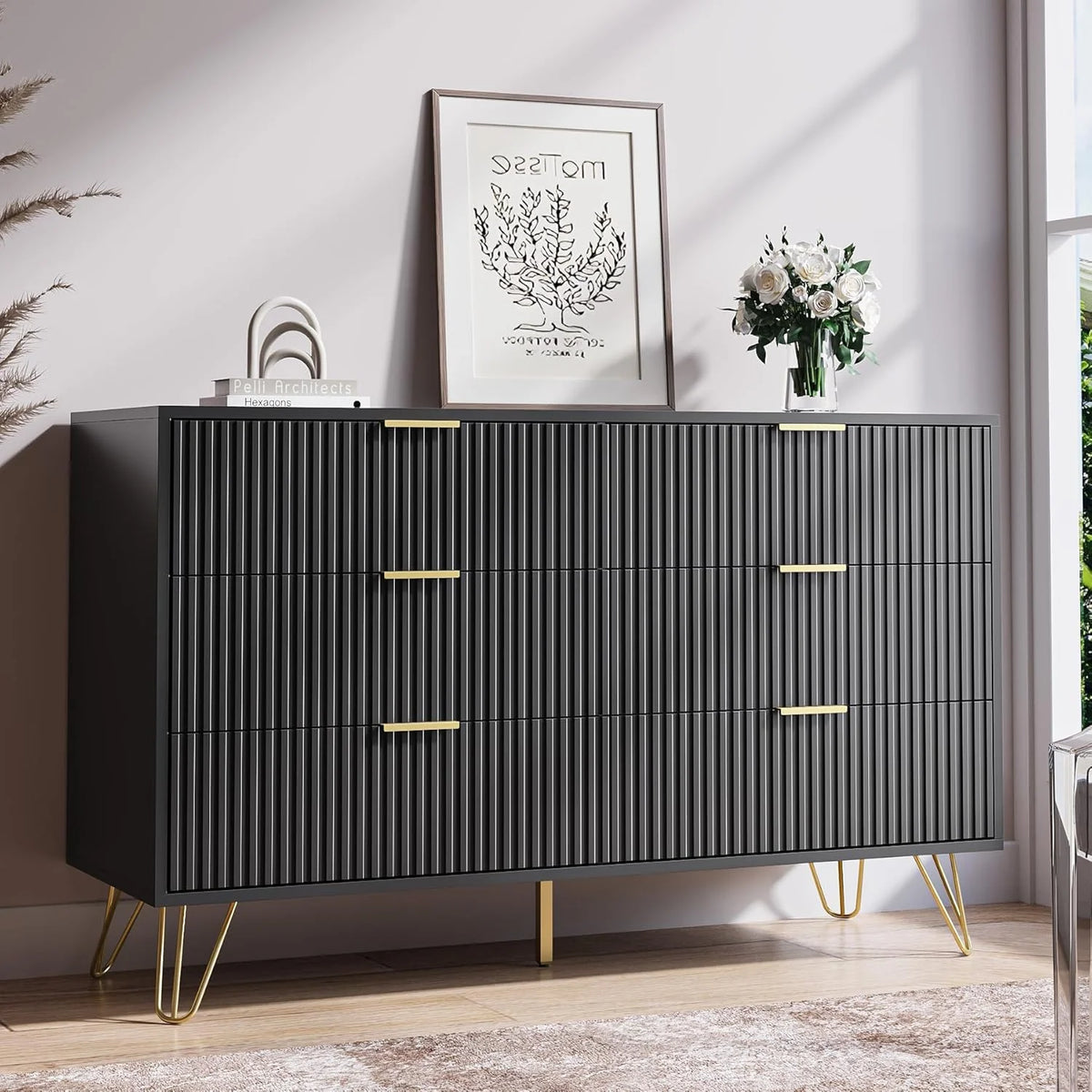 FURNIWAY White 6 Drawer Dresser for Bedroom, Modern Dresser with Gold Metal Handles,Fluted Wood TV Stand for Living Room, Hallway