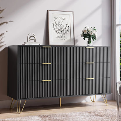 FURNIWAY White 6 Drawer Dresser for Bedroom, Modern Dresser with Gold Metal Handles,Fluted Wood TV Stand for Living Room, Hallway