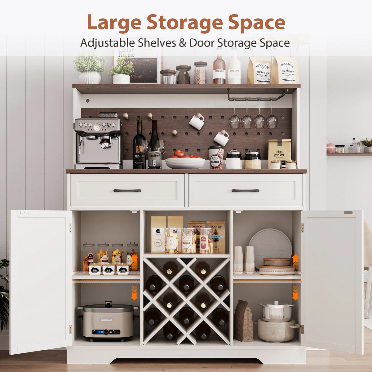 LAFGUR 72" Kitchen Storage Cabinet with Power Outlet & LED Light, Coffee Bar Cabinet with Drawers & Wine Glass Rack,Sideboard for Home,White
