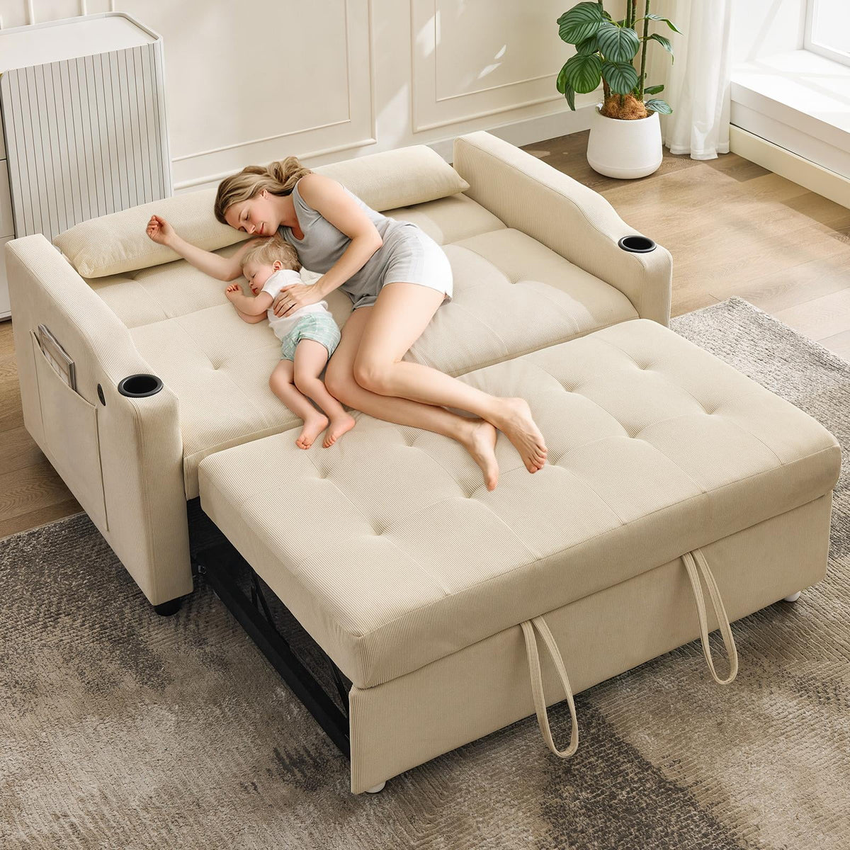 Beige 3-in-1 Convertible Sleeper Sofa Bed with Pull-Out Bed Corduroy Futon with Adjustable Backrest