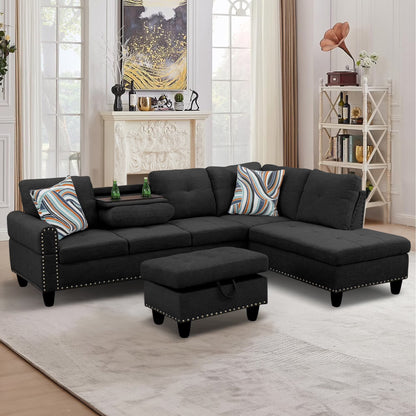 Aukfa 3 Piece Sectional Sofa, Living Room Couch with Storage Ottoman&Cup Holder, Linen, Right Hand, Purple