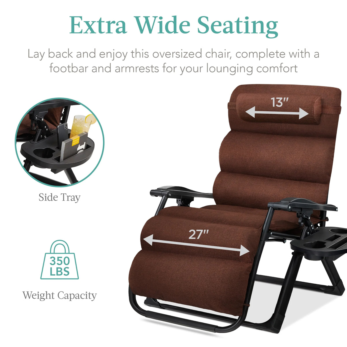 Best Choice Products Oversized Zero Gravity Chair, Folding Recliner w/ Removable Cushion, Side Tray - Fossil Gray