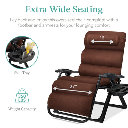 Best Choice Products Oversized Zero Gravity Chair, Folding Recliner w/ Removable Cushion, Side Tray - Fossil Gray