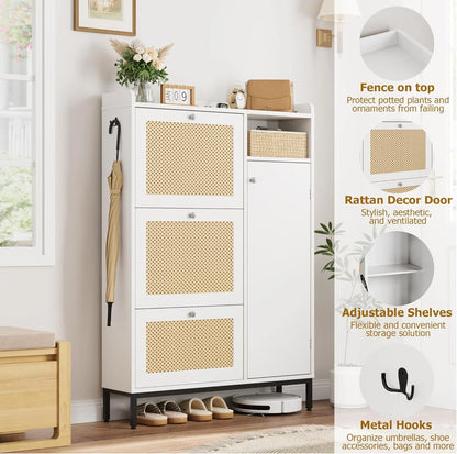 Garvee Rattan Shoe Storage Cabinet with Doors and 3 Flip Drawers, Freestanding Organizer with Adjustable Shelves for Entryway, Narrow Shoe Rack Cabinet for Hallway, Easy Assembly, Oak Color