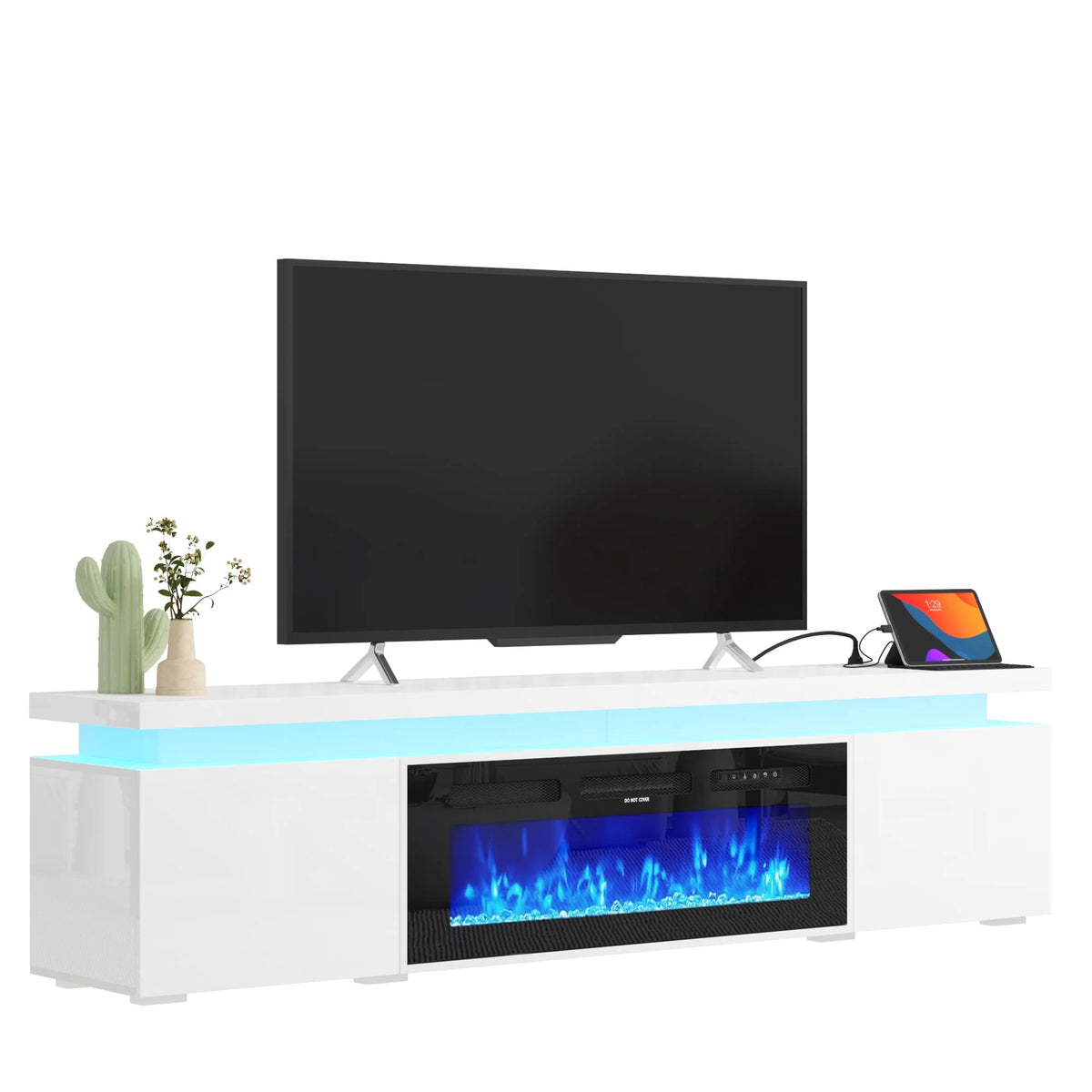 LED TV Stand for up to 85" TVs with Power Outlet, 75" Large Entertainment Center Console Table Gaming Soundbar Shelf with 2 Storage Cabinets