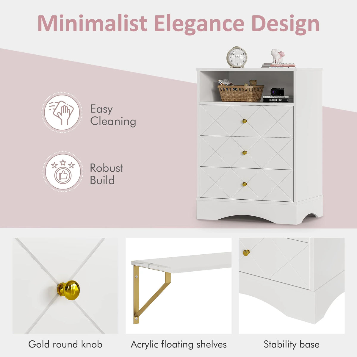 May Color Large White 3 Drawer Dresser Set of 2 with Fluted Panel, Modern Chest of Drawers with Silent Slide Drawers, Wood Accent Nightstand with Storage for Bedroom Living Room, Hallway