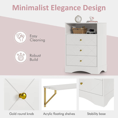May Color Large White 3 Drawer Dresser Set of 2 with Fluted Panel, Modern Chest of Drawers with Silent Slide Drawers, Wood Accent Nightstand with Storage for Bedroom Living Room, Hallway