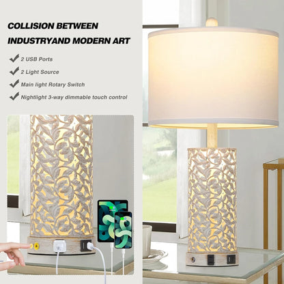 Cinkeda Table Lamp Set of 2 for Living Room Bedroom with USB Ports AC Outlet 3 Way Dimmable Touch Nightlight Farmhouse White Floral Nightstand Bedside Lamps