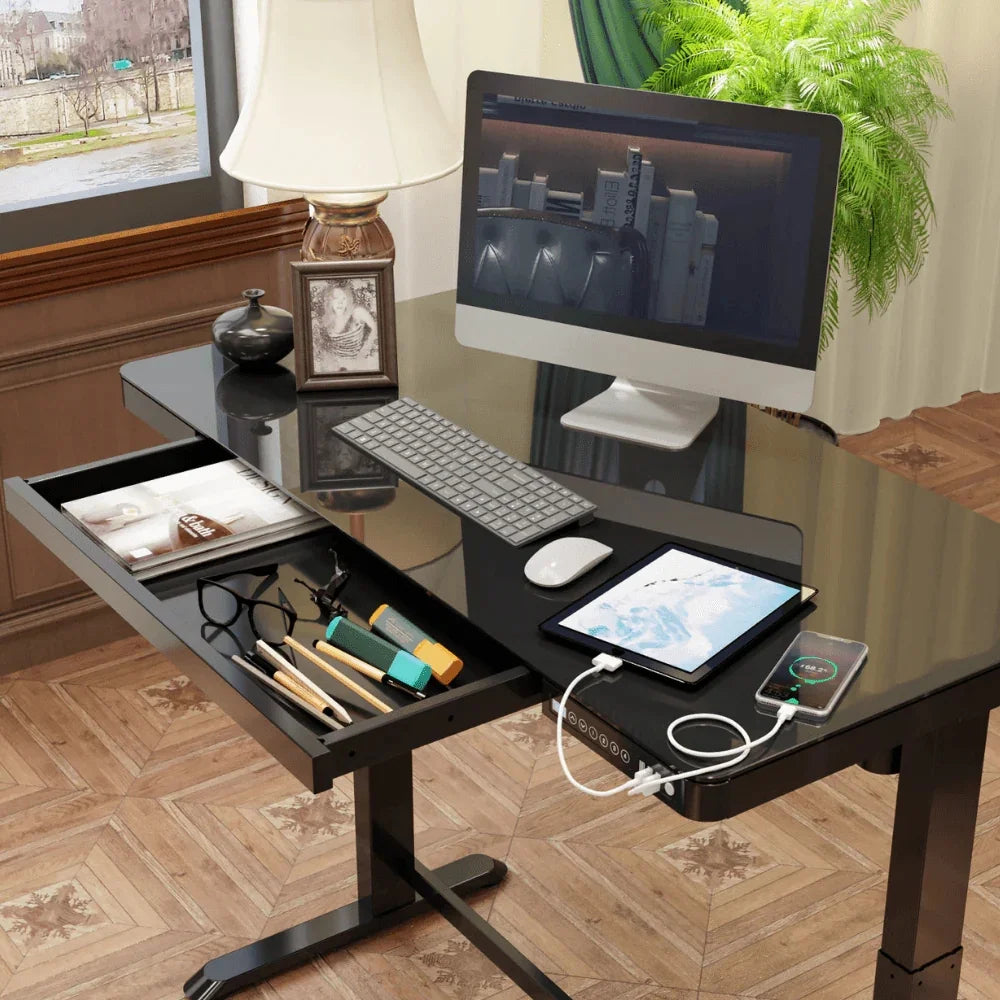 FLEXISPOT 48" W Home Office Height Adjustable Standing Desk White and Maple with USB Charge Ports and Embedded Drawer