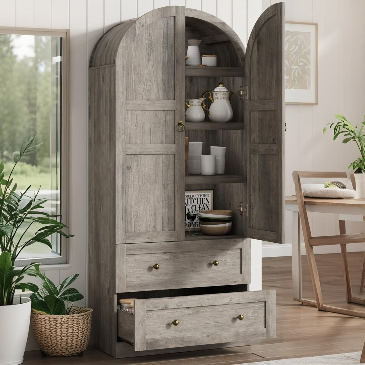 Luku 72" Tall Arched Kitchen Pantry Cabinet, Farmhouse Wood Storage Cabinet with Glass Door, 2 Large Drawers, Freestanding Organizer for Dining Room & Living Room