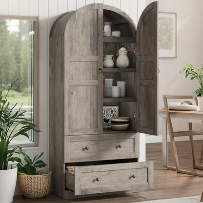 Luku 72" Tall Arched Kitchen Pantry Cabinet, Farmhouse Wood Storage Cabinet with Glass Door, 2 Large Drawers, Freestanding Organizer for Dining Room & Living Room