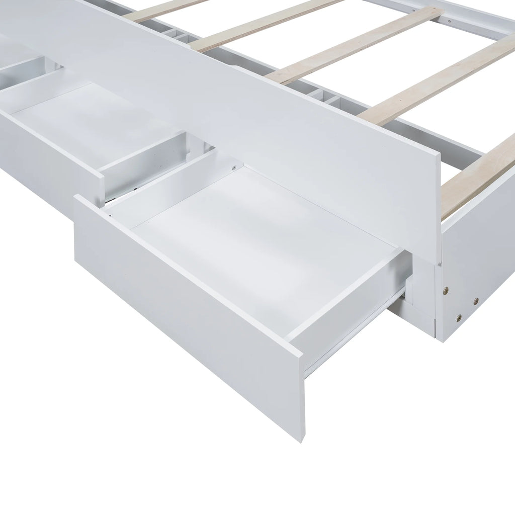 Euroco Wood Twin Size Platform Bed with Storage Headboard, Drawers Trundle and LED Light, White