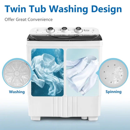 20Lb Twin Tub Washing Machine w/ Built-In Pump - Semi-Automatic 1300RPM Compact Washer for Apartment, Dorm, RV, Camping, White/Black