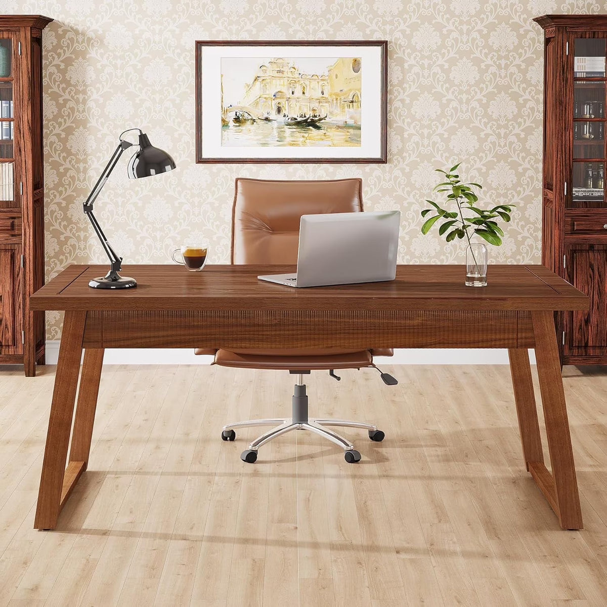 Executive Desk, 55 Inches Solid Wood Computer Desk with Drawer for Home Office