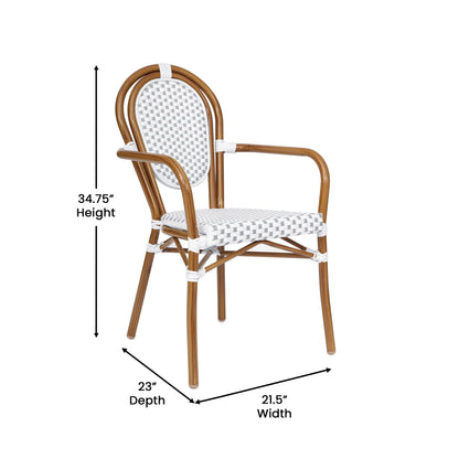 Merrick Lane Stacking Thonet French Bistro Style Chair with Arms, Black & White PE Rattan Seat, and Bamboo Finished Metal Frame for Indoor/Outdoor Use